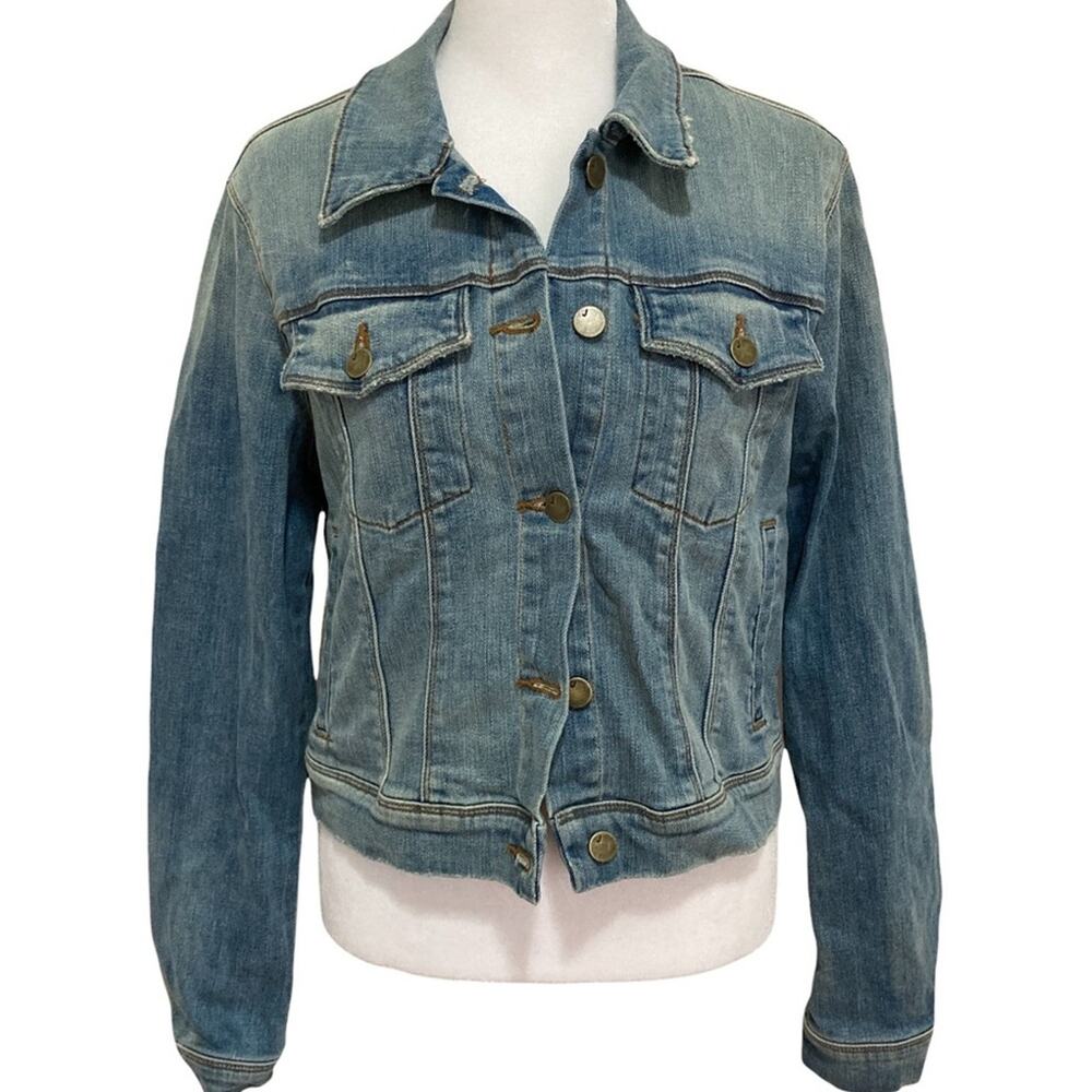 J Brand Harlow Cropped Denim Trucker Jacket size M Whiskered Surface Wash